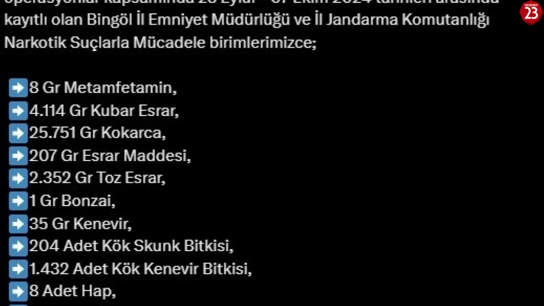 Bingöl'de son bir haftanın asayiş verileri açıklandı: 28 gözaltı, 2 tutuklama