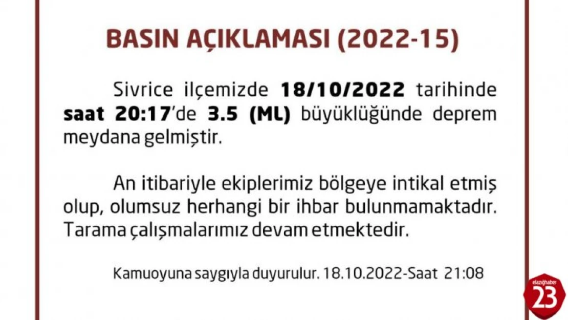 Elazığ'da 3.5 büyüklüğünde deprem