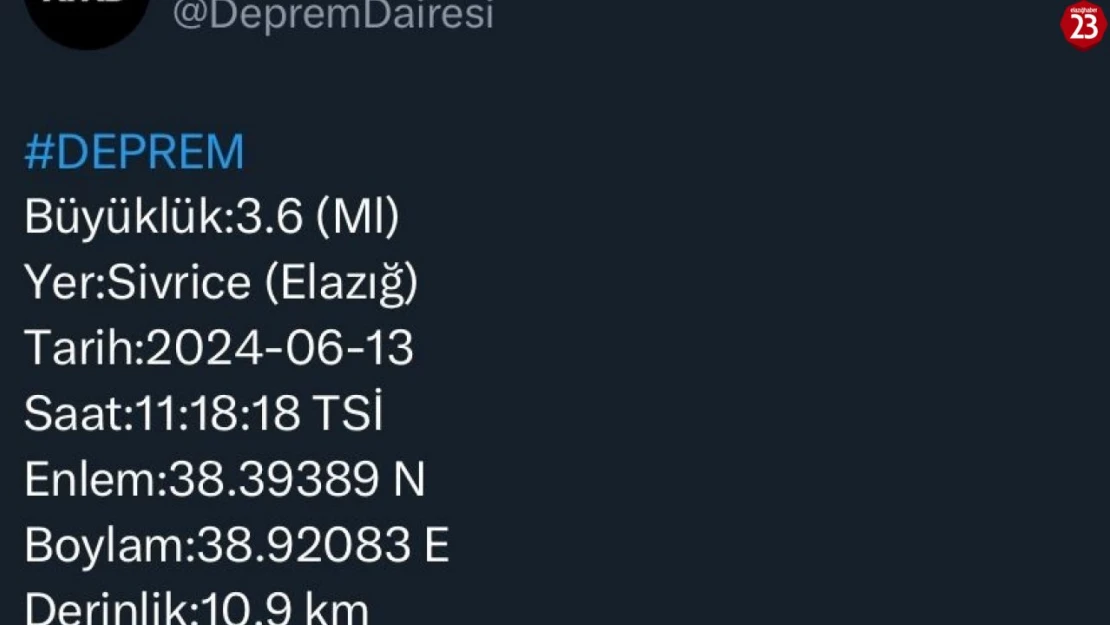 Elazığ'da 3.6 büyüklüğünde deprem