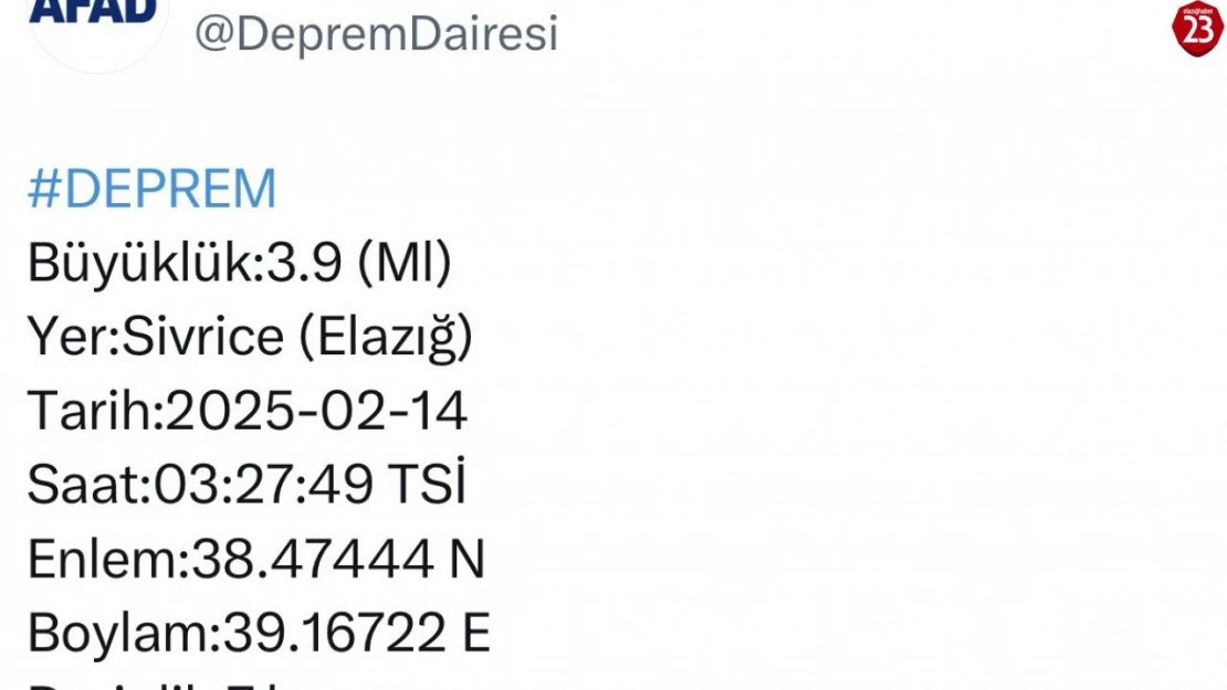 Elazığ'da 3.9 büyüklüğünde deprem