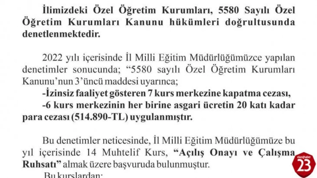 Elazığ'da 7 kurs merkezine kapatma cezası verildi