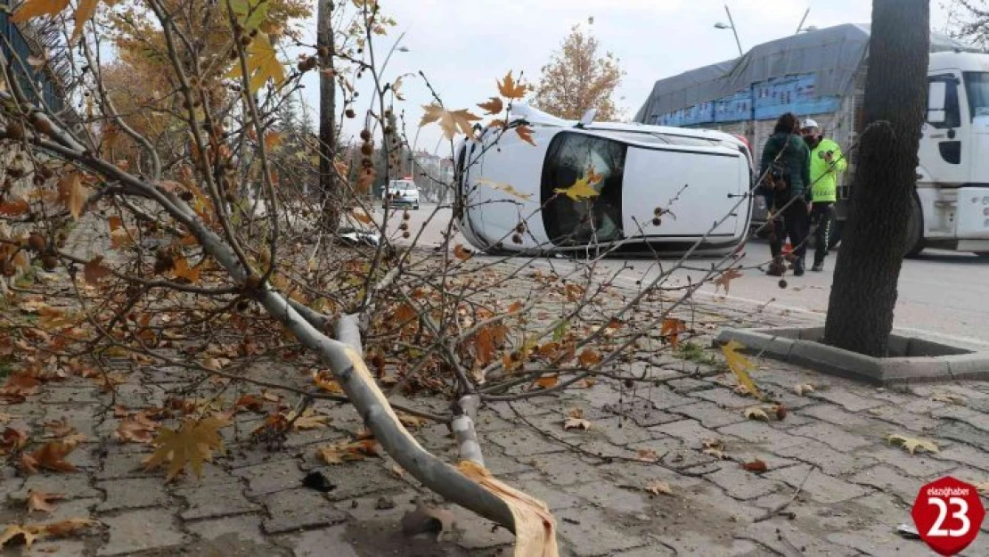 Feci Kaza Ucuz Atlatıldı, Ağaca Çarpan Otomobil Yan Yattı, 1 Yaralı