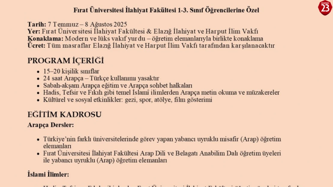 Elazığ'da Arapça Yaz Kampı Başlıyor: Başvurular Alınmaya Başlandı
