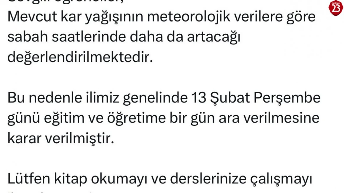 Elazığ'da eğitime 1 gün ara verildi