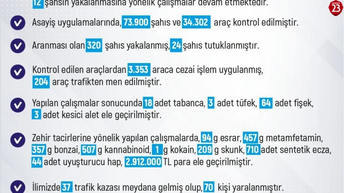 Elazığ'da Son Hafta İçinde 254 Asayiş Olayı: 250 Şahıs Yakalandı