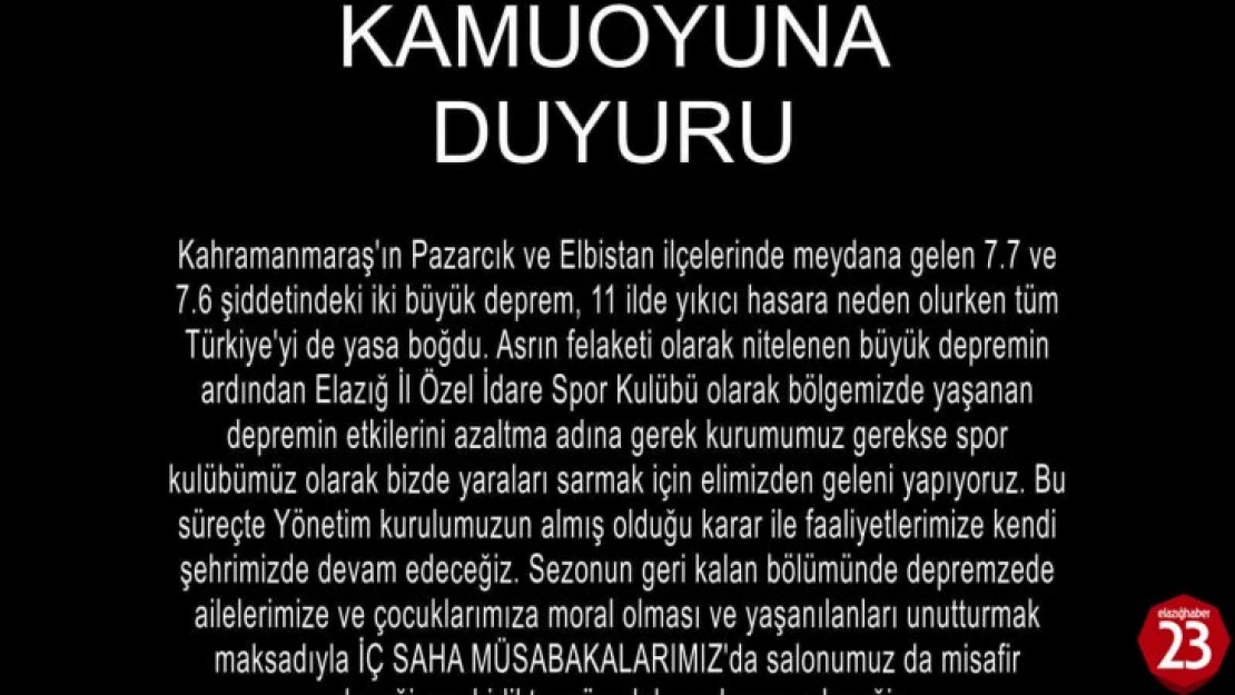 Elazığ İl Özel İdare SK: 'Faaliyetlerimize kendi şehrimizde devam edeceğiz'