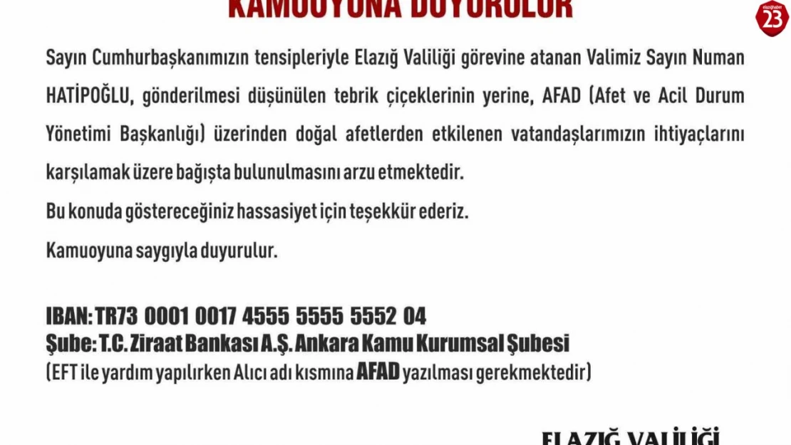 Elazığ'ın yeni Valisi Hatipoğlu, çiçek yerine AFAD'a bağışta bulunulmasını istedi