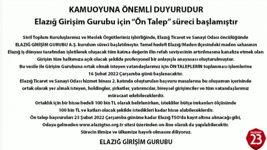 Elazığ TSO'dan Önemli Çağrı