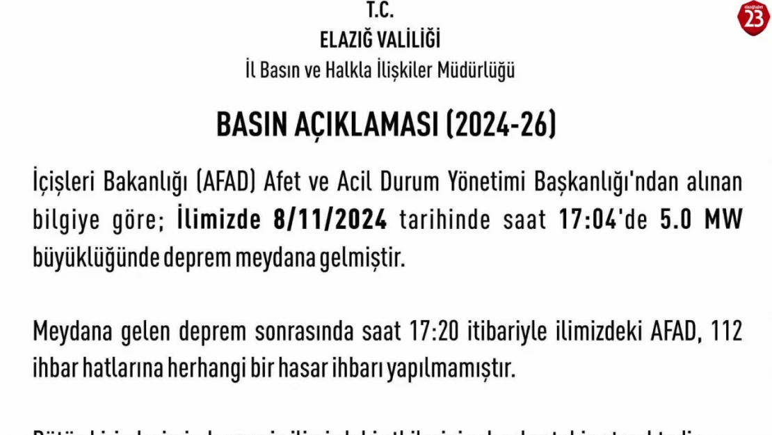 Elazığ Valiliği: 'Deprem sonrası herhangi bir hasar ihbarı yapılmamıştır'