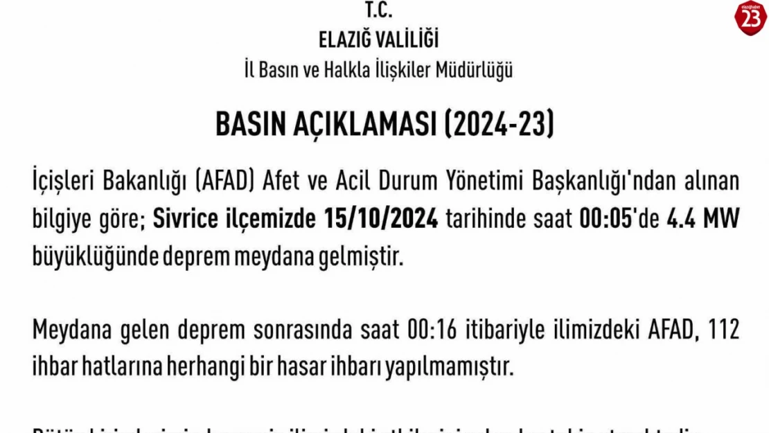 Elazığ Valiliği'nden deprem açıklaması: 'Herhangi bir hasar ihbarı yapılmamıştır'