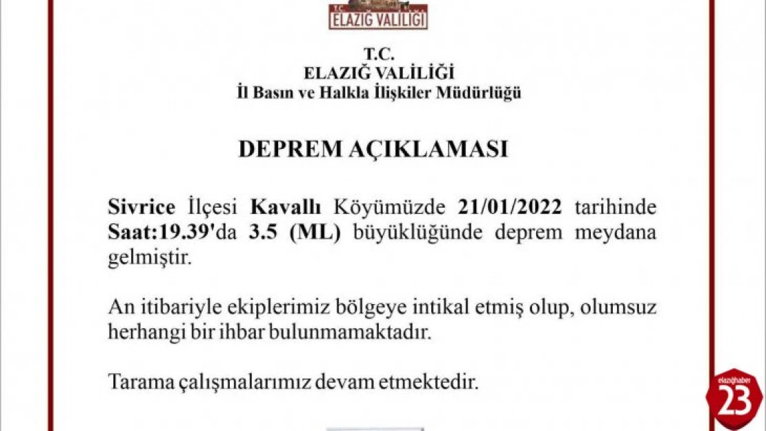 Elazığ Valiliğinden deprem açıklaması