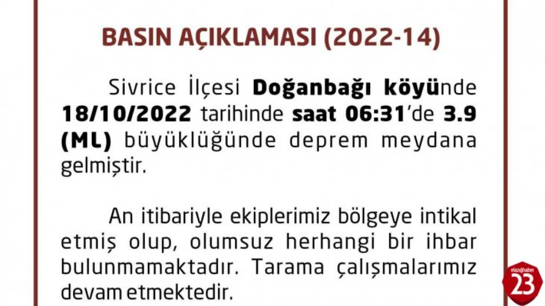 Elazığ Valiliğinden deprem açıklaması, 'Olumsuz herhangi bir ihbar bulunmamaktadır'