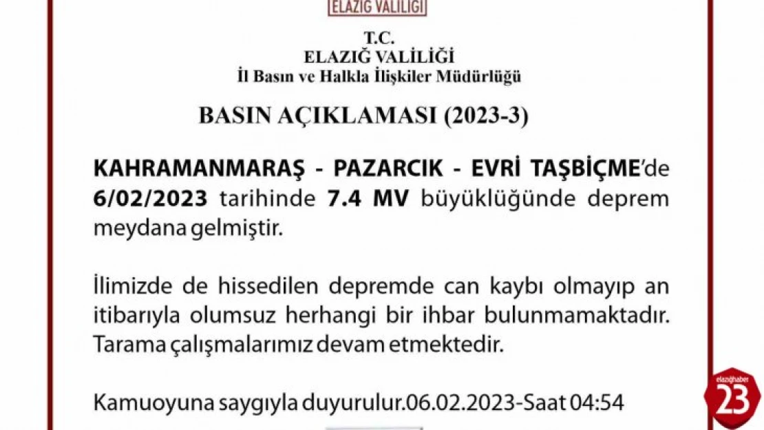 Elazığ Valisi Ömer Toraman: 'Şu ana kadar ilimizde herhangi bir yıkım ihbarı almadık'