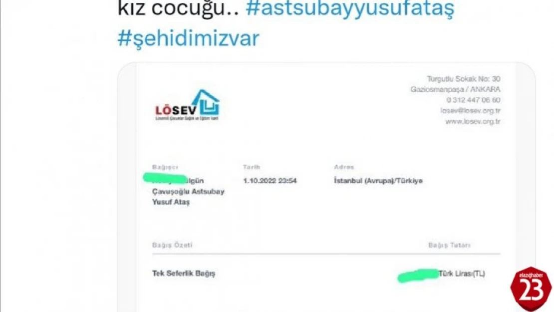 Elazığlı şehidin vasiyeti üzerine LÖSEV'e bağış yağdı