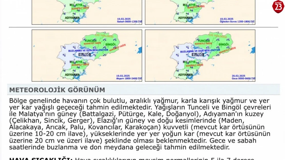 Tunceli, Bingöl, Malatya, Adıyaman ve Elazığ İçin Kuvvetli Kar Yağışı Uyarısı!