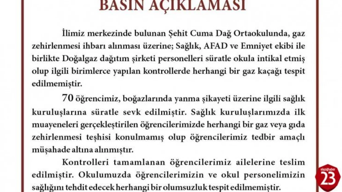 Elazığ Valiliğinden Şehit Cuma Dağ Ortaokulunda Yaşanan Olayla İlgili Açıklama