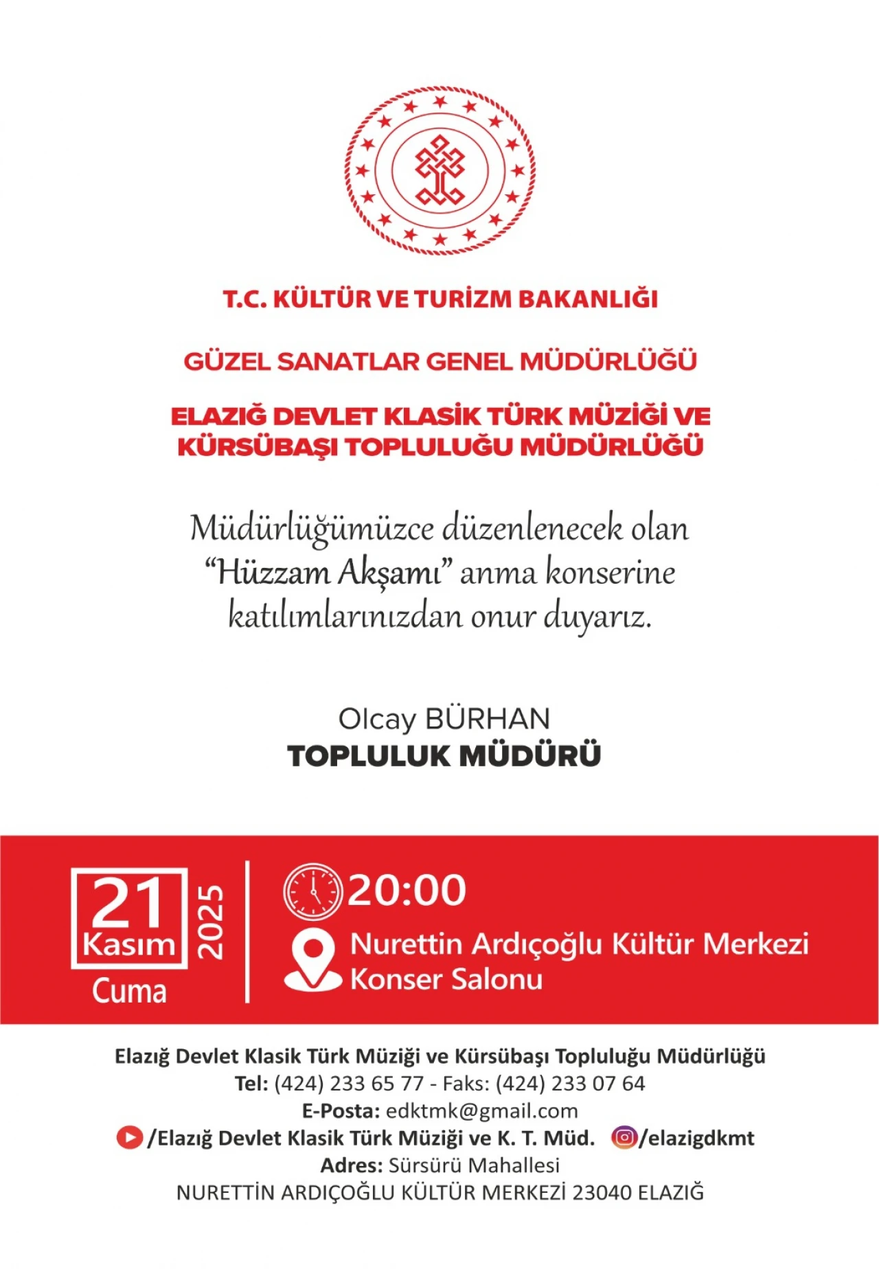 Elazığ Devlet Klasik Türk Müziği ve Kürsübaşı Topluluğu'ndan 'Hüzzam Akşamı' Konseri