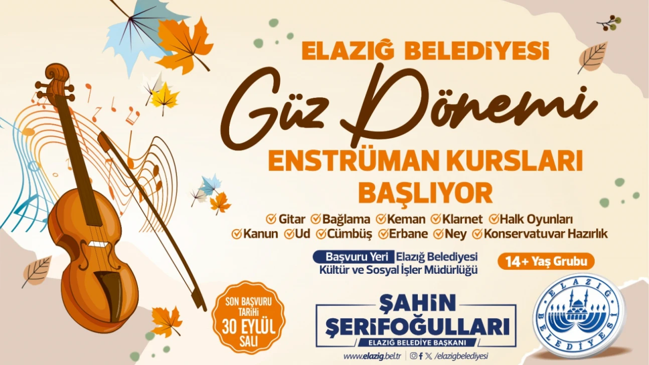 Elazığ Belediyesi Güz Dönemi Enstrüman Kursları İçin Kayıtlar Başladı