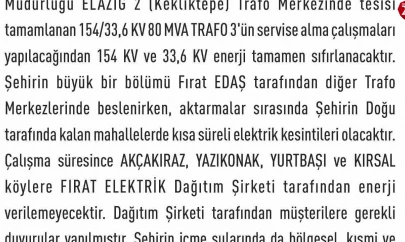 Elazığ'da elektrik kesintisi yaşanacak