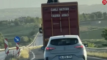 Kamyonun üzerinde tehlikeli yolculuk kamerada