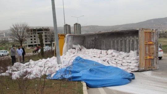 Elazığ'da tır refüje çarpıp devrildi, sürücü yaralandı