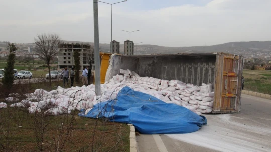 Elazığ'da tır refüje çarpıp devrildi, sürücü yaralandı
