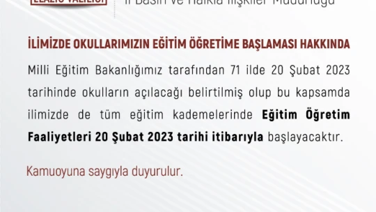 Elazığ'da okullar 20 Şubat'ta Açılacak