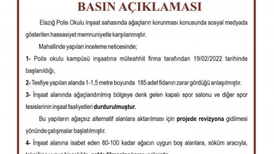 Valilik zarar gören ağaçlar için kayıtsız kalmadı, inşaat çalışmaları durduruldu