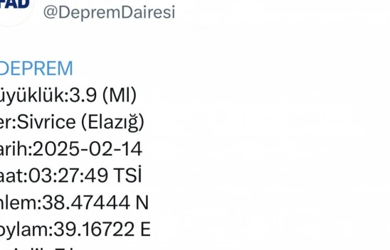 Elazığ'da 3.9 büyüklüğünde deprem