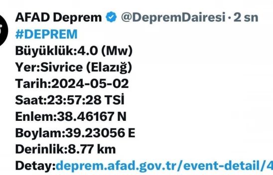 Elazığ'da 4.0 büyüklüğünde deprem