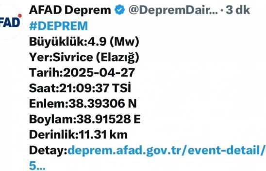 Elazığ'da 4,9 büyüklüğünde deprem