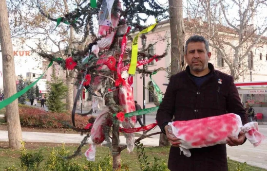 Elazığ'da çam ağacına Filistin bayrakları ve kanlı torbalar asıldı, yılbaşı kutlamaları kınandı