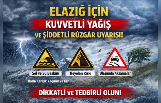 Elazığ İçin Kuvvetli Yağış ve Rüzgâr Uyarısı