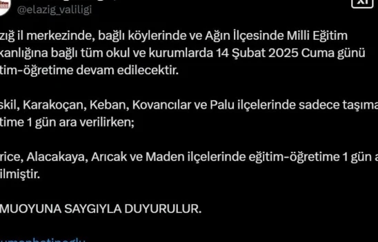 Elazığ'ın 4 ilçesinde eğitime ara verildi
