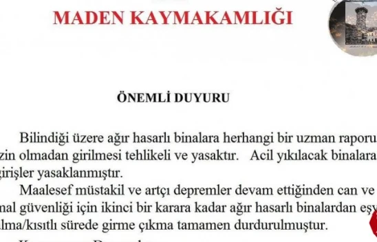 Maden İlçesinde Ağır Hasarlı Binalara Girişler Yasaklandı