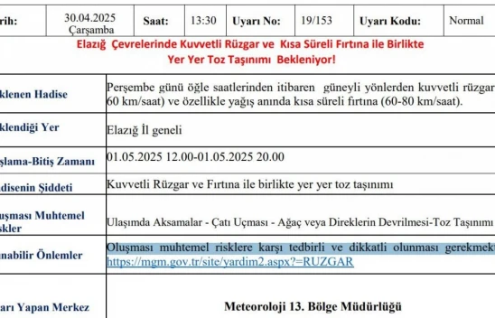 Elazığ'da Kuvvetli Rüzgar ve Fırtına Uyarısı! Toz Taşınımına Dikkat