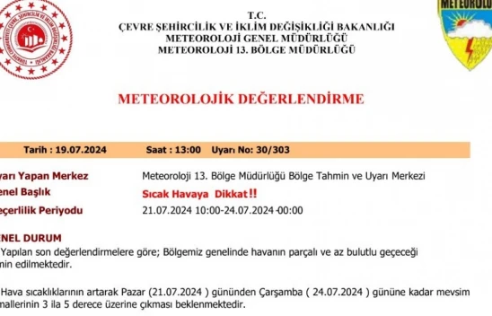 Meteorolojiden Elazığ için sıcaklık uyarısı