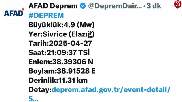 Elazığ'da 4,9 büyüklüğünde deprem