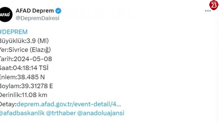 Elazığ'da 3.9 büyüklüğünde deprem