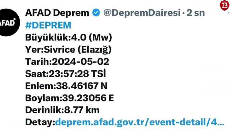 Elazığ'da 4.0 büyüklüğünde deprem