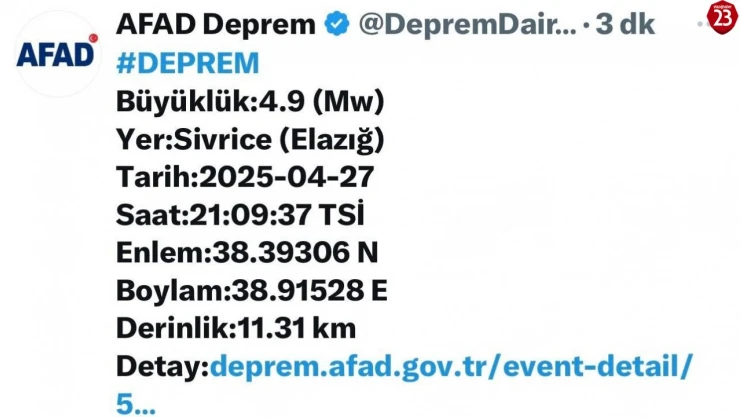 Elazığ'da 4,9 büyüklüğünde deprem