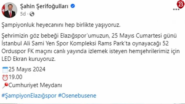Final maçı için Elazığ'da dev ekran kurulacak
