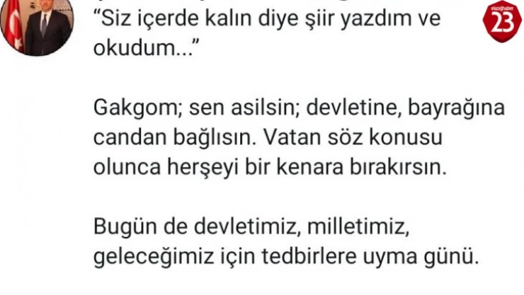 Vali Oktay yazdığı şiiri paylaştı, 'Evde kal Elazığ' mesajı verdi