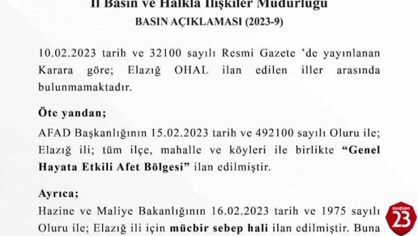 Elazığ Valiliği'nden OHAL açıklaması