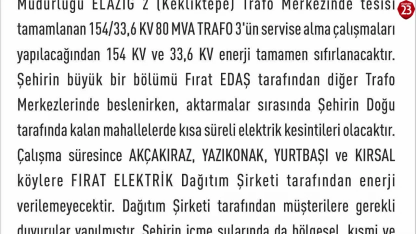 Elazığ'da elektrik kesintisi yaşanacak